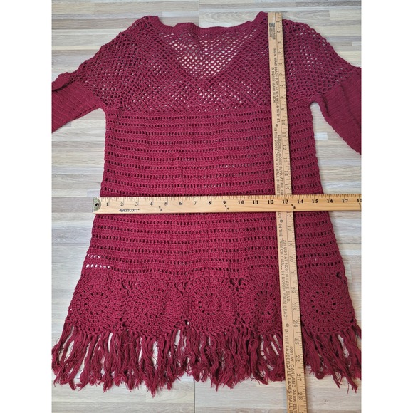 Nine West‎ American Vintage Crochet Fringe Tunic Top Sweater Size M Burgundy - Picture 6 of 10